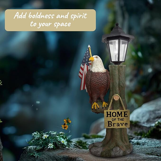 14x6 Inch Eagle Outdoor Solar Statue, Home of The Brave Outdoor Decorative Sculpture, Garden Decoration Outdoor Waterproof, Eagle Statue with American Flag for Patios, Yards, and Gardens
