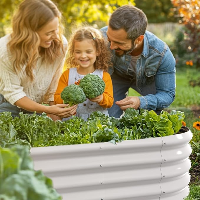 4x2ft Oval Galvanized Raised Garden Bed Kits 16" Tall Outdoor Large Metal Modular Planter Box 9-in-1 Raised Beds for Gardening,Vegetables,Fruits,Flowers & Herbs (White)