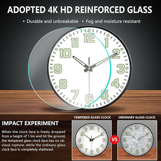 Glow in The Dark Wall Clock, Large Easy Read Numbers Tempered Glass Night Light - Image 7