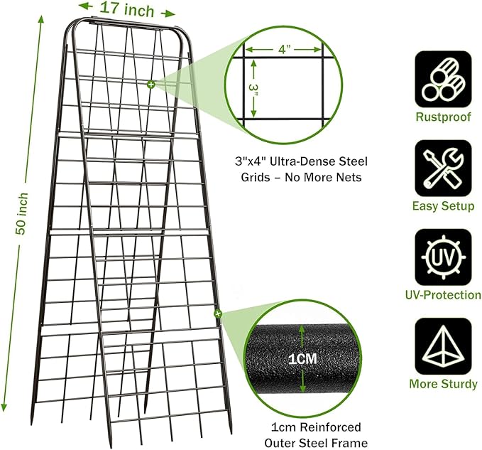 Heavy Duty 50"x17" Adjustable A-Frame Trellis for Climbing Plants – Rust-Proof Metal Garden Trellis with Dense Grid Design, Perfect for Raised Beds, Tomatoes, Cucumbers & Outdoor Vines (Black, 1 Pcs)