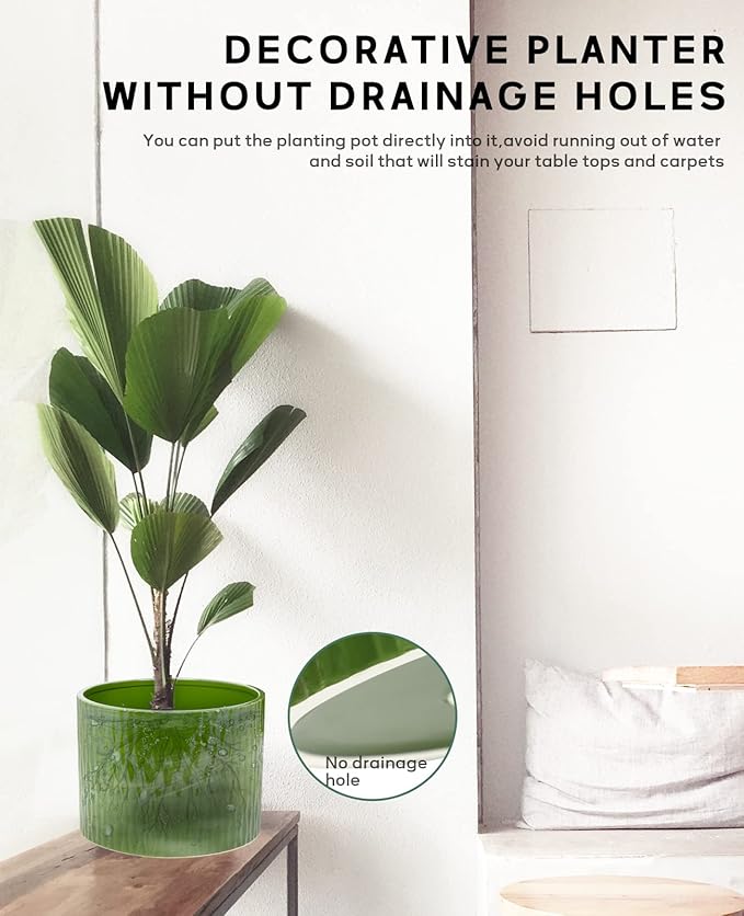 LaDoVita Ceramic Plant Pot with Stand, 10 Inch Planter with Wood Shelf, Modern Round Flower Pots Indoor with Wood Planter Holder, Dark Green Water Ripple Pattern