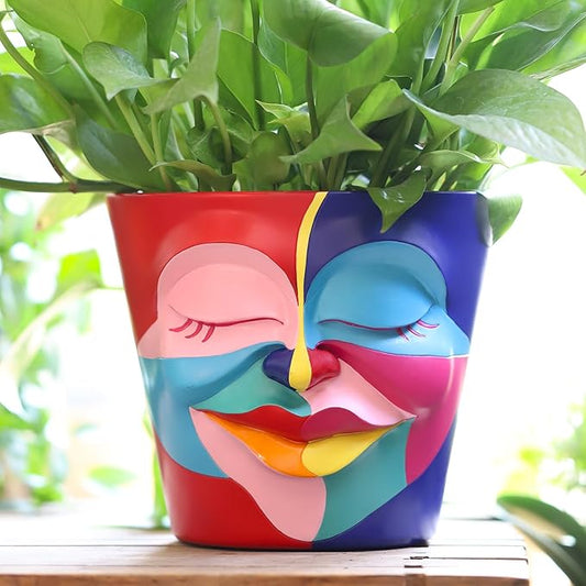 GUGUGO 8 Inch Abstract Rainbow Head Planter, Unique Face Plant Pot with Drainage, Cute Eclectic Flower Planters Pots for Indoor Outdoor Plants, Colorful Funny Room Decor Aesthetic, Coral Red & Indigo