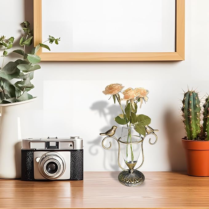 POXOH Vintage Glass Planter - Metal & Glass Propagation Vase with Gold Dual Birds Art, Retro Indoor Planter for Hydroponic Plants, Office Desk Decor, Living Room Centerpiece