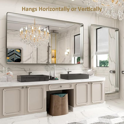 LOAAO 84X32 Inch Brushed Nickel Bathroom Mirror, Rounded Rectangle Silver Metal - Image 4