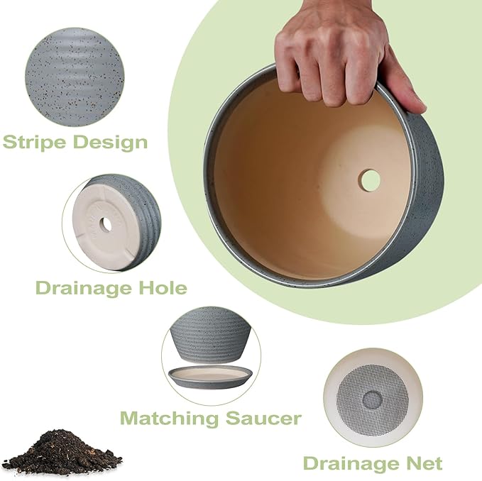 10 Inch Plant Pot, Ceramic Planters for Indoor Plants with Drainage and Saucer, Large Flower Pot for Home and Garden Decor, Light Gray