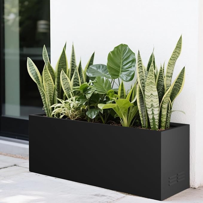 Worth Garden Metal Planter Box - 30" L x 11" W x 13" H Matte Black Heavy Duty Large Rectangular Steel Modern Plant Pot, Indoor Outdoor - Insert Plate with Drain Holes, Air Vents, No Assembly Required