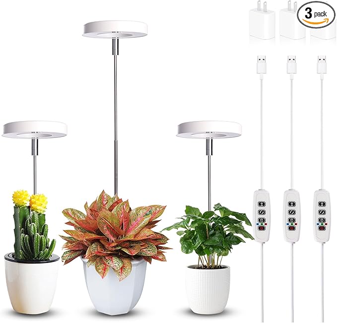 Grow Lights for Indoor Plants Small Potted - Full Spectrum, Auto 3/9/12H Timer, 10-Level Dimming & Adjustable Height - Compact Grow Light for Succulents, Herbs, Foliage in Home/Office (White,3PACKS)