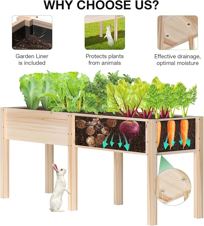 MIXC Wooden Raised Garden Bed with Legs, 72”L X 23”W, Elevated Reinforced Large Planter Box for Vegetable Flower Herb Outdoors