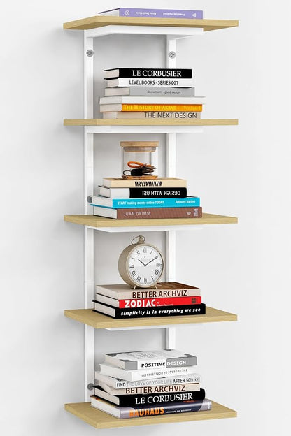 Harwaya White and Natural Tiered Wall Shelf Unit, 5 Tier Display Floating by Harwaya
