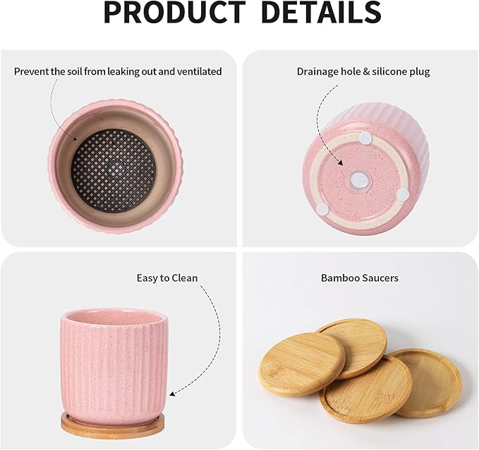 OMAYKEY 4 Inch Ceramic Plant Pot with Saucer, Adorable Stripe Multicolor Small Planters Pots with Drainage Hole & Mesh Pads for Succulent, Snake Plants, Cactus, Herbs - Set of 4