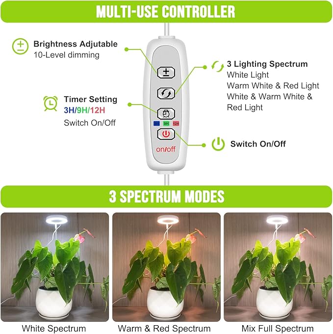 Grow Lights for Indoor Plants, Full Spectrum Halo Growing lamp with Detachable Base, Height Adjustable, 3 Colors, 10 Dimming, Automatic Timer, Plant Light for Succulents Small Plants