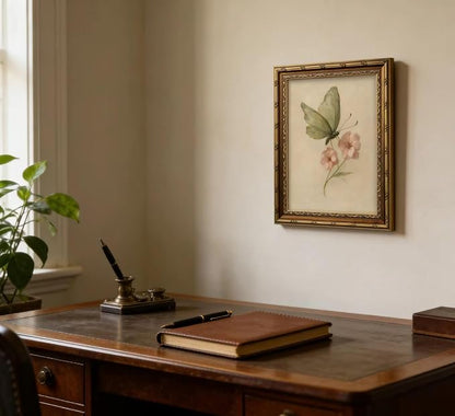 Vintage Gold Framed Wall Art, Retro Butterfly and Pink Flower Oil Painting - Image 4