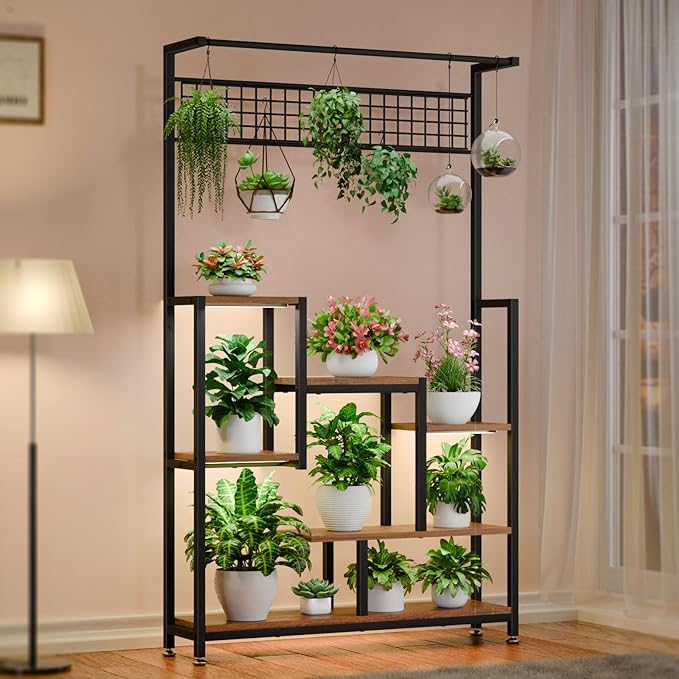 Tall Plant Stand Indoor with Grow Lights, 6 Tiered Metal Plant Stand for Indoor Plants Multiple, Large Plant Shelf Display Rack, Square Flower Plant Holder for Living Room, Patio (Black)