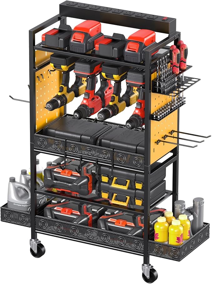 CCCEI Garage Power Tools Organizer Cart with Charging Station, Yellow Floor Standing Rolling Drill and Tools Battery Storage Cart on Wheels. Utility Rack Gift for Men, Husband, Father.