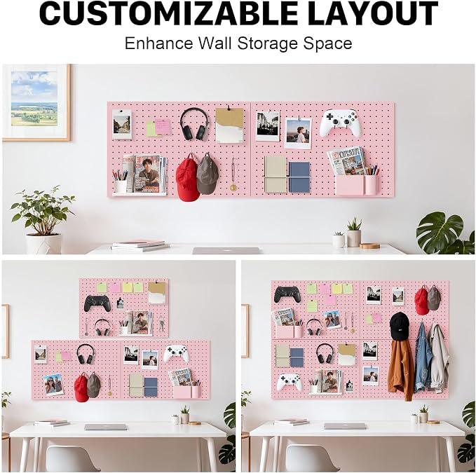 Peg Board, 4 Pack Metal Pegboard Panels Pink Pegboards Wall Organizer - Image 7