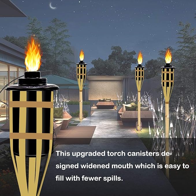 12oz Torch Replacement Canisters - 4 Pack Bamboo Torch Fuel Canister Torches Cans With Wicks and Covers, Refillable Metal Tabletop Lantern For Garden, Patio, Luau Party
