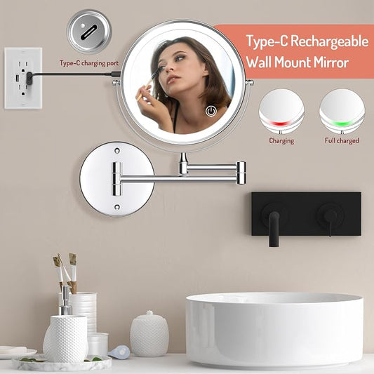 Rocollos Rechargeable Wall Mounted Lighted Makeup Mirror, 8 Inch Double-Sided - Image 2