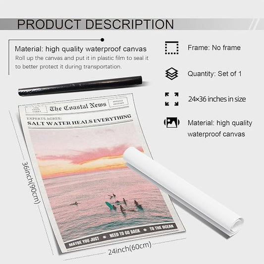 Pink Beach Newspaper Posters Vintage Fashion Coastal Girl Surf Wall Art Grainy - Image 2