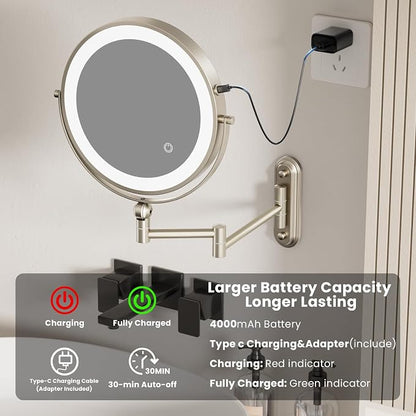9" Wall Mounted LED Lighted Makeup Vanity Mirror - 4000mAh Rechargeable Double - Image 3