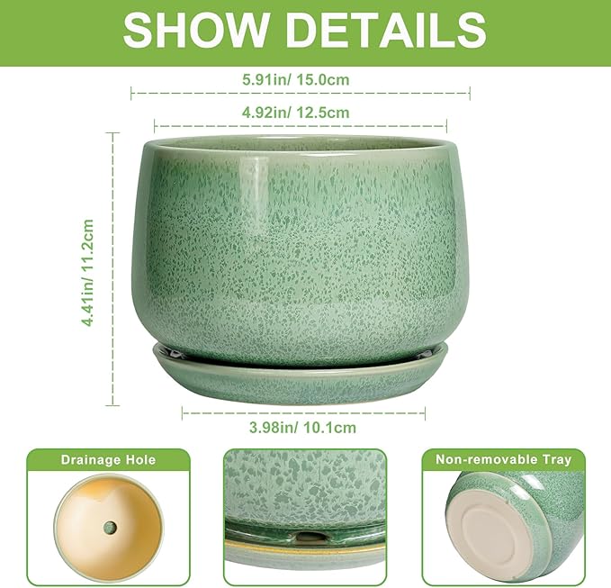 G EPGardening Ceramic Pots for Plants - 6 Inch Plant Pot with Drainage Hole and Saucer, Modern Ceramic Planter for Indoor Outdoor, Round Flower Planter, Gifts for Plants Lovers, Home Decor, Green