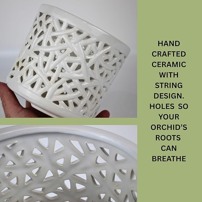 Large Ceramic Orchid Pot with Holes, 6 Inches Wide, for Indoors or Outdoors with Woven String Cut Out Design, Orchid Planters