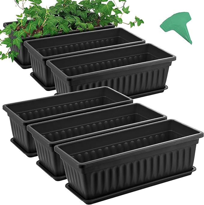 GROWNEER 6 Packs 17 Inches Black Flower Window Box Plastic Vegetable Planters Long Pots with 15 Pcs Plant Labels for Outdoor Indoor Windowsill, Patio, Garden, Home Decor, Porch