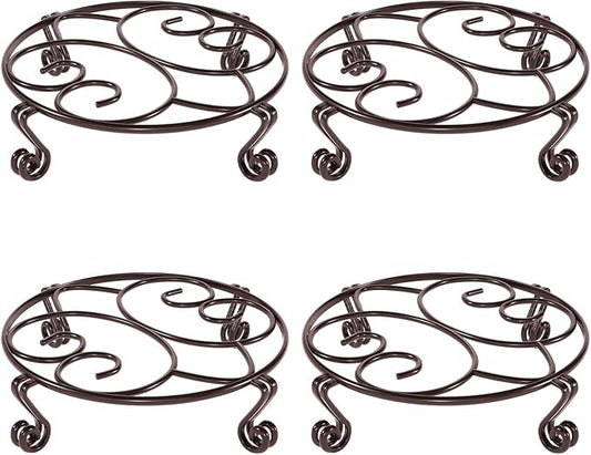 Yimobra 4 Pack Plant Stand for Flower Pot Heavy Duty Potted Holder Indoor Outdoor Metal Rustproof Iron Garden Container Round Supports Rack for Planter (4PC Brown 11.8 x 3.1IN)