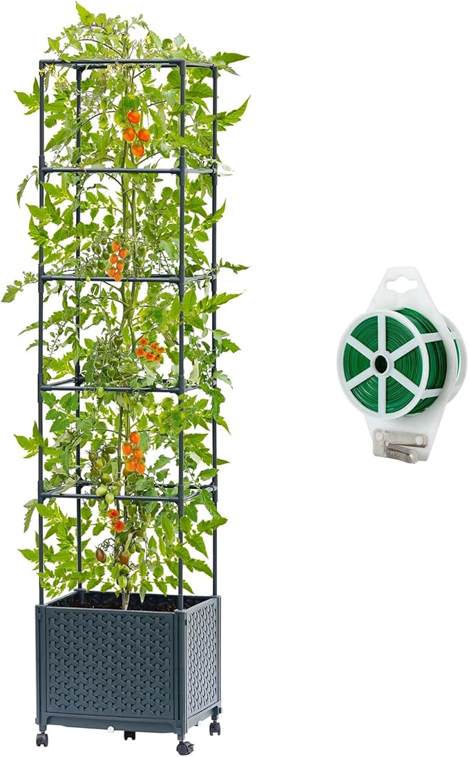 Raised Garden Bed with Tomato Planter Cage, 67.6" Trellis Planter Boxes with Wheels for Outdoor Patio Greenhouse Gardening Climbing Vegetables