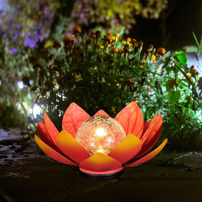12 inches Solar Lights Outdoor Garden, Crackle Globe Glass Lotus Decoration, Waterproof LED Metal Flower Lights for Patio,Lawn,Walkway,Tabletop,Ground Gardening Gifts (Red)