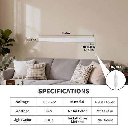 KELUOLY Modern Plug in Wall Lights, 31.4 inch Frosted White LED Long Wall Sconce - Image 3