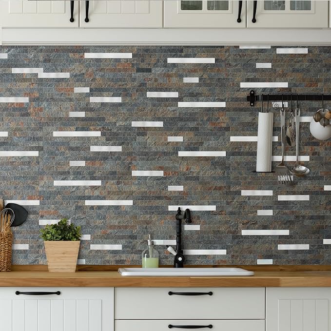 AULIGET 2 Sheets Rust Slate Peel and Stick Backsplash, PVC Mixed Metal Silver - Image 2