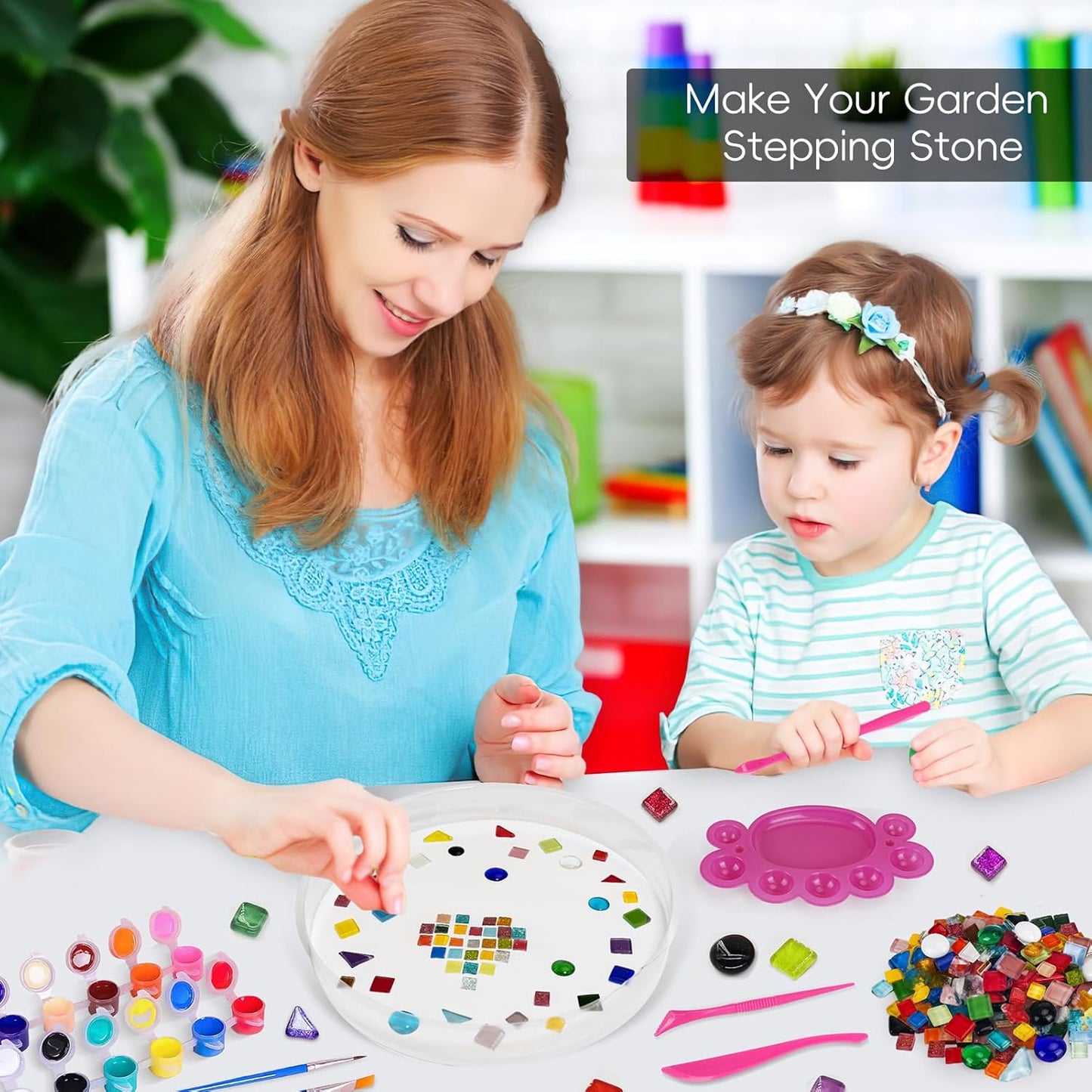 Concrete Stepping Stone Molds,Cement Molds Perfect for Creating Stepping Stones & Garden Markers, Include 300g Mosaic Tiles,Carving Tools and 12 Colors of Acrylic Paint, 10" diam (12pcs)