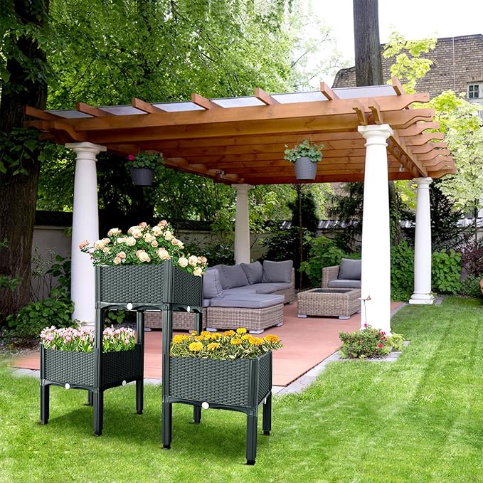 MAYOLIAH Raised Garden Bed with Drainage Elevated Planter Box Plastic Raised Beds for Gardening Vegetables Herb Flowers, Perfect for Indoor Outdoor Planting, 3 Boxes Grey