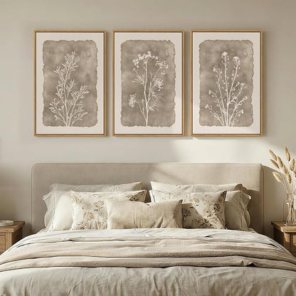 3 Piece Framed Neutral Botanical Wall Art Set, Large Farmhouse Floral Canvas - Image 2
