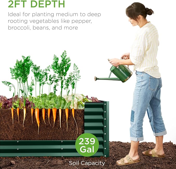Best Choice Products 8x2x2ft Outdoor Metal Raised Garden Bed, Rectangular Deep Root Planter Box for Vegetables, Flowers, Herbs, and Succulents w/ 239 Gallon Capacity - Dark Green