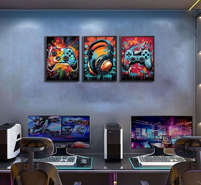3Pcs Framed Cool Gaming Wall Art Retro Video Gamer watercolor Posters Pictures - Image 4