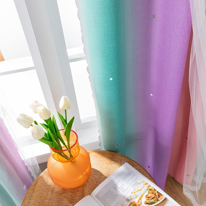 XiDi Curtains for Bedroom Decor, Rainbow Pink Purple Green 34/54/1 - Image 4