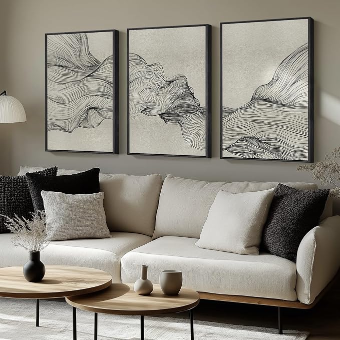 Large Framed Neutral Modern Abstract Wall Art, 3 Piece Black and Beige Canvas - Image 2
