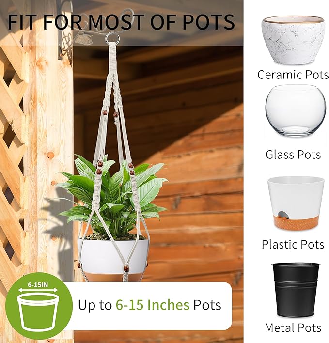 43 Inch Macrame Plant Hanger - Fits 6-15 Inch Pots, Extra Long Hanging Planter Holder for Indoor Outdoor, with Red Wood Beads, Boho Home Decor, 2 Pack, Ivory (POTS NOT Included)