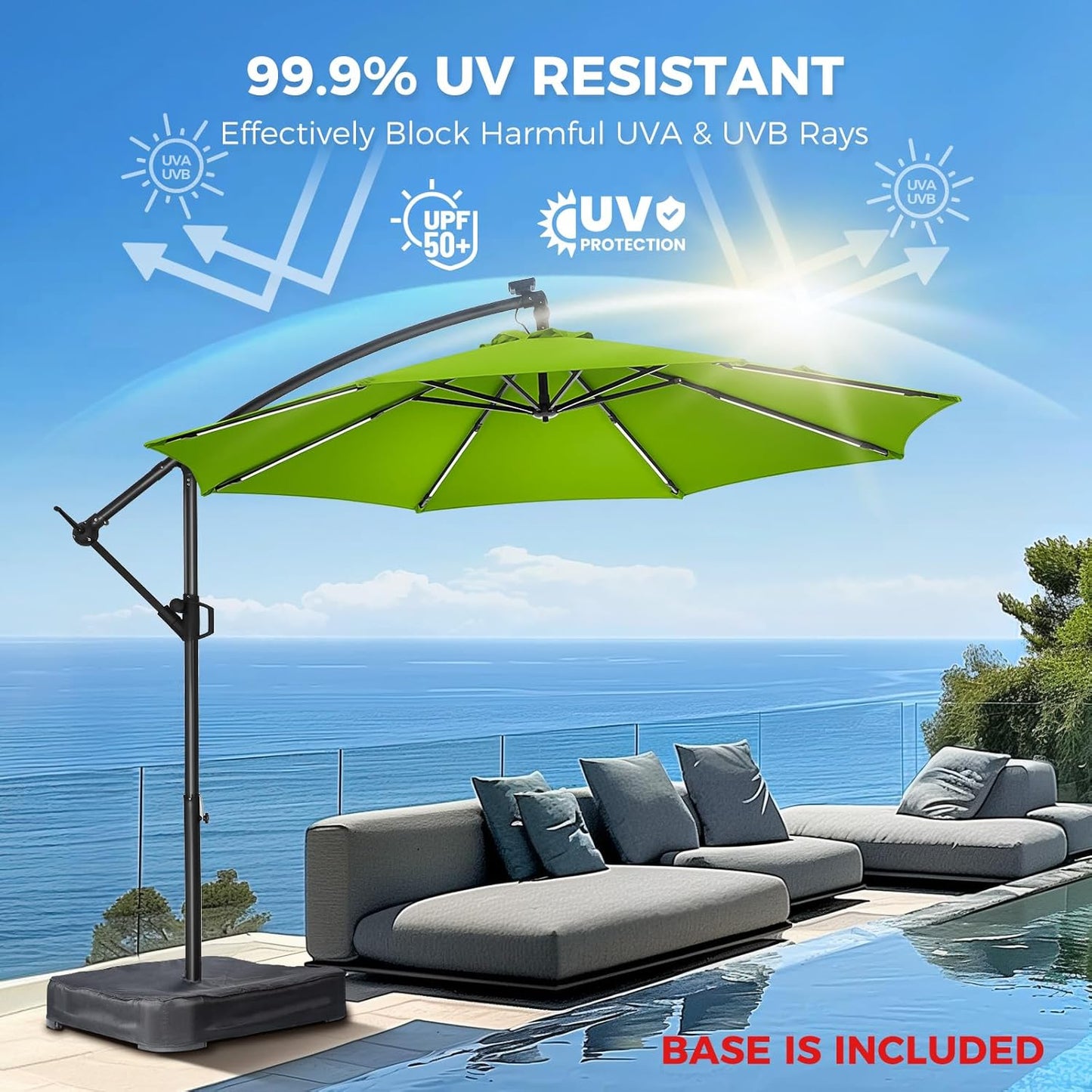HOMSHADE 10ft Solar Lights Offset Cantilever Patio Umbrella - with Light and Base, LED Lighted Offset Hanging Patio Outdoor Market Umbrella UPF50+ UV Protection with Easy Tilt and Crank (Green)