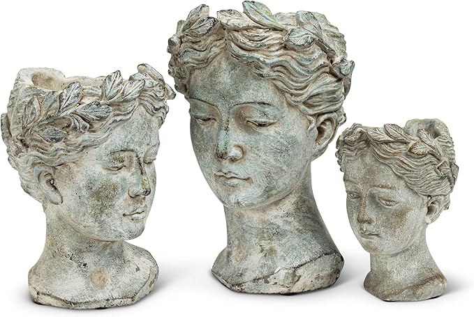 Abbott Collection Goddess Head Planter - Small Cement Indoor and Outdoor Planter Pot - Grecian Woman Statue Head Planter for Flowers and Succulents (Grey, 3.5" Opening)