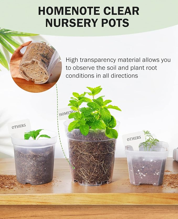 homenote Clear Nursery Pots for Plants,4 Inch Plant Pot for Planting Plastic Seedling with Drainage Holes Seed Starter Flower High Transparency with 20 Labels (60 Pack)