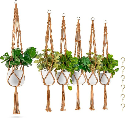 Sorbus Macrame Plant Hanger (6 Pack) Indoor Outdoor Hanging Plant Pots Cotton Rope, Elegant for Home, Patio, Garden (Brown)