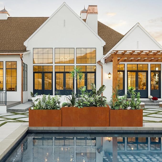 Metal Planter Box - 25x11x13H Inch, Co rten Steel Planter for Patio, Garden, Porch - Brown