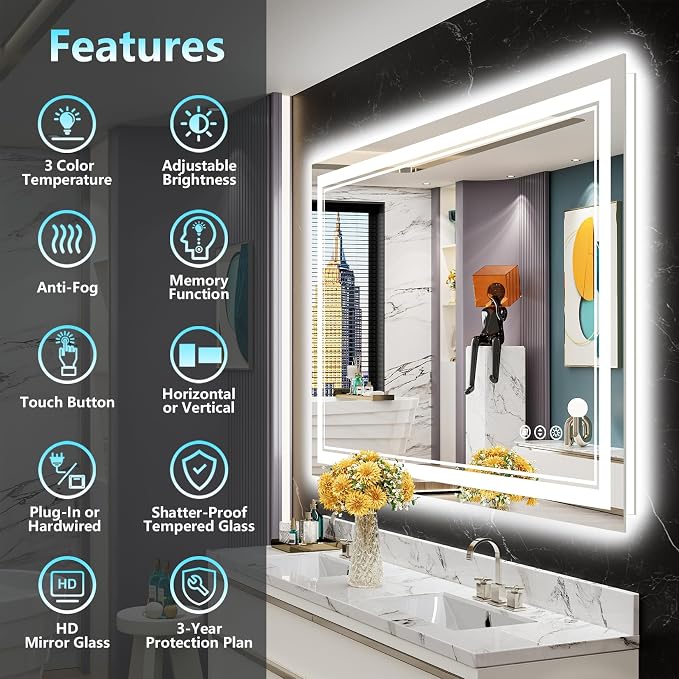 48x30 LED Bathroom Mirror with Lights, Backlit and Front Lit Anti-Fog Lighted - Image 2