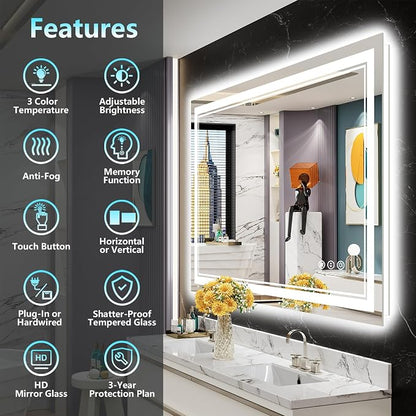 48x36 LED Bathroom Mirror with Lights, Backlit and Front Lit Anti-Fog Lighted - Image 2