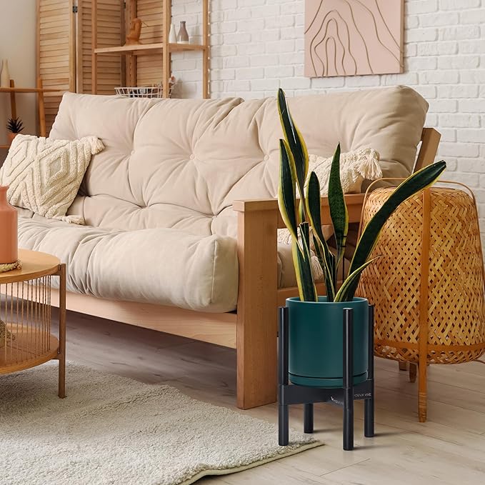 D'vine Dev Ceramic Planter with Ebony Stand - 8 Inch Modern Round Flower Pot with Wood Planter Holder, Teal, 55-B-M-4