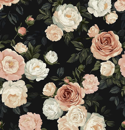Pink White Rose Peony Wallpaper Peel and Stick Black Floral 17.5in x 393in by Laatse