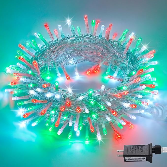 JMEXSUSS 200 LED Red White and Green Christmas Lights Outdoor, 66ft String Lights Indoor Clear Wire, Christmas Tree Lights Plug in for Bedroom Tree Christmas Party Decorations