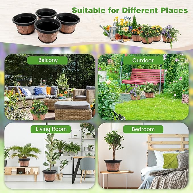 Quarut 4 Pack 12 inch Plant Pots,Whiskey Barrel Planters with Drainage Holes & Saucer,Plastic Decoration Flower Pots Retro Design,Planters for Outdoor Indoor Garden Home Plants (Brown)